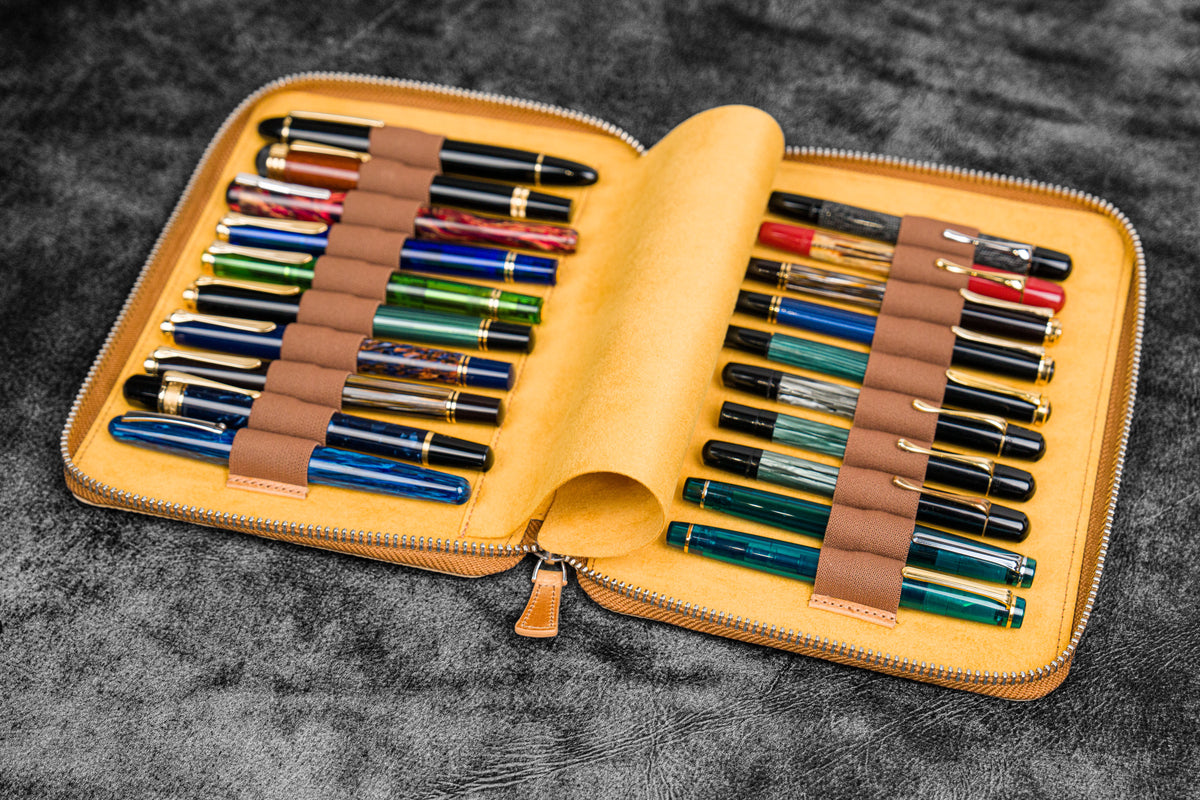Galen Leather 20 Slot Zippered Pen Case - Crazy Horse Honey Ochre
