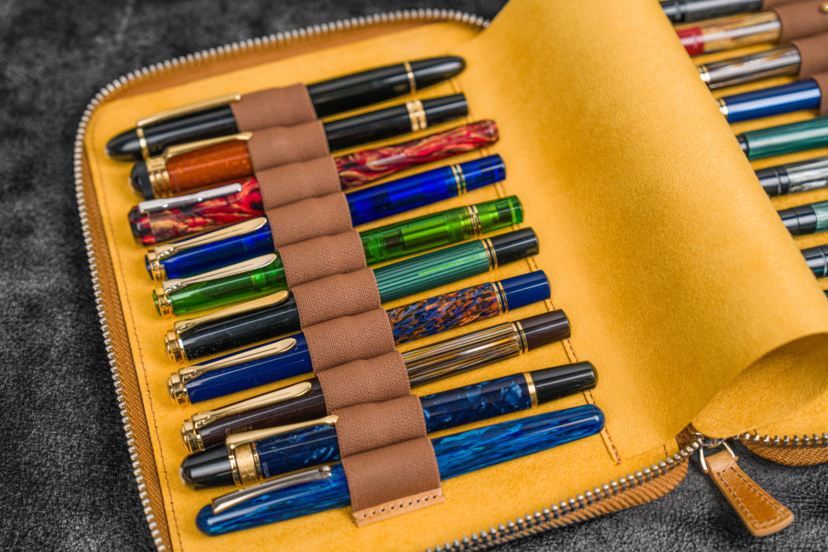 Galen Leather 20 Slot Zippered Pen Case - Crazy Horse Honey Ochre