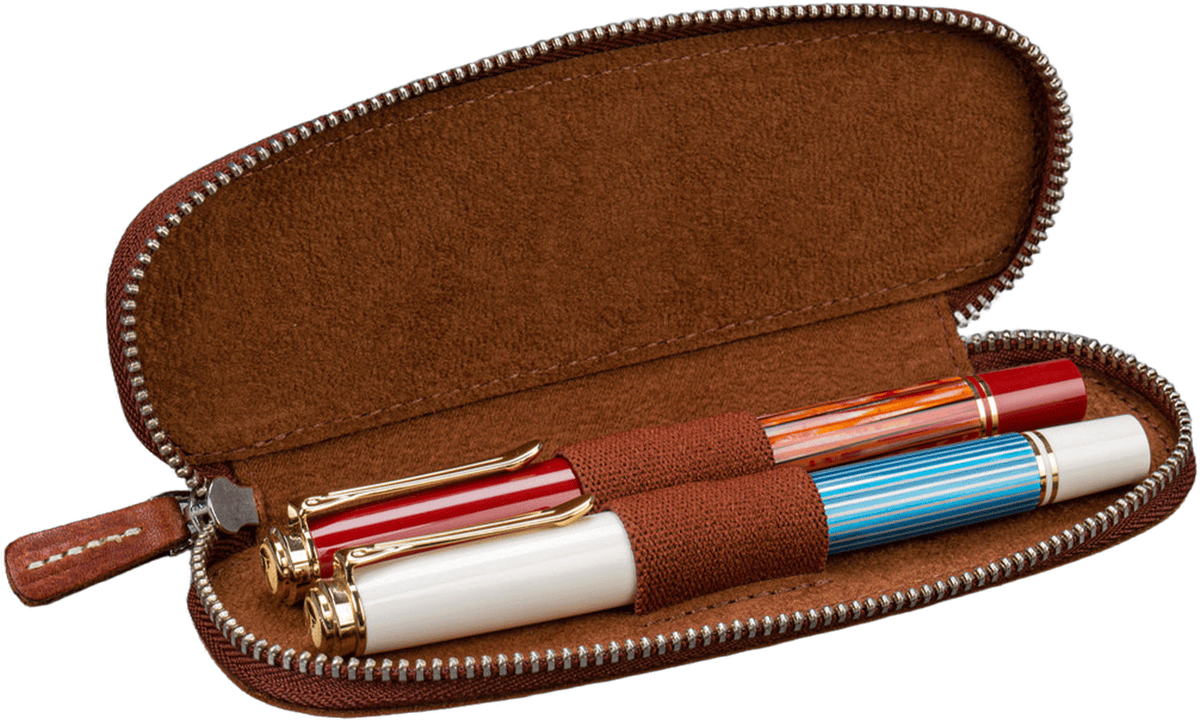Galen Leather Zippered 2 Slots Slim Pen Case - Aged Copper