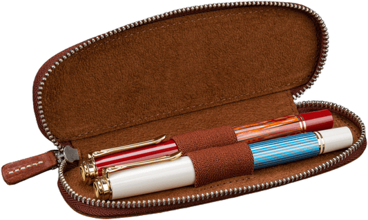 Galen Leather Zippered 2 Slots Slim Pen Case - Aged Copper