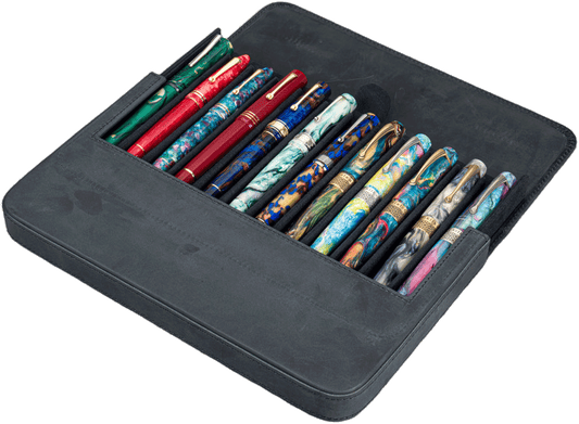 Galen Leather 12 Slots Magnum Opus Pen Case - Crazy Horse Graphite (with Removable Pen Tray)