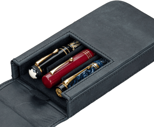Galen Leather 3 Slots Magnum Opus Pen Case - Crazy Horse Graphite (with Removable Pen Tray)