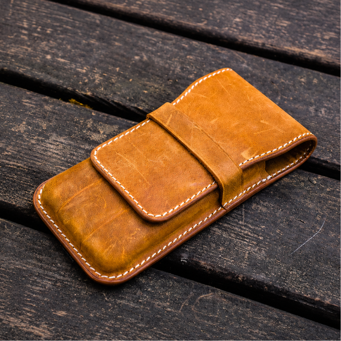 Galen Leather 3 Slots Flap Pen Case - Crazy Horse Brown