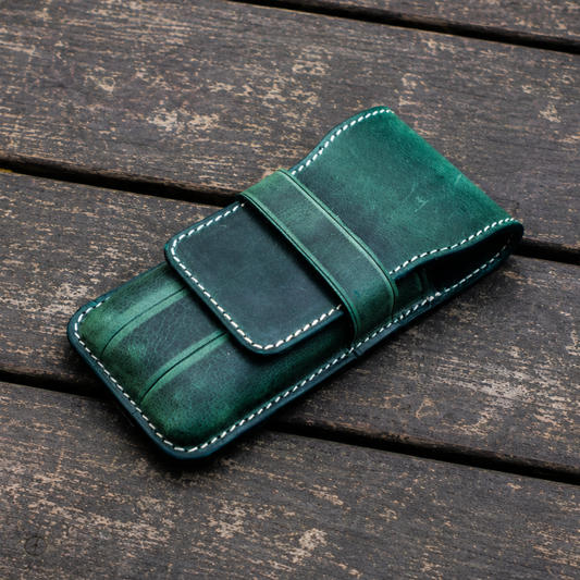 Galen Leather 3 Slots Flap Pen Case - Crazy Horse Forest Green
