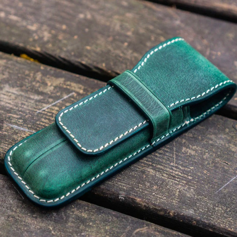 Galen Leather 2 Pen Flap Case - Crazy Horse Forest Green