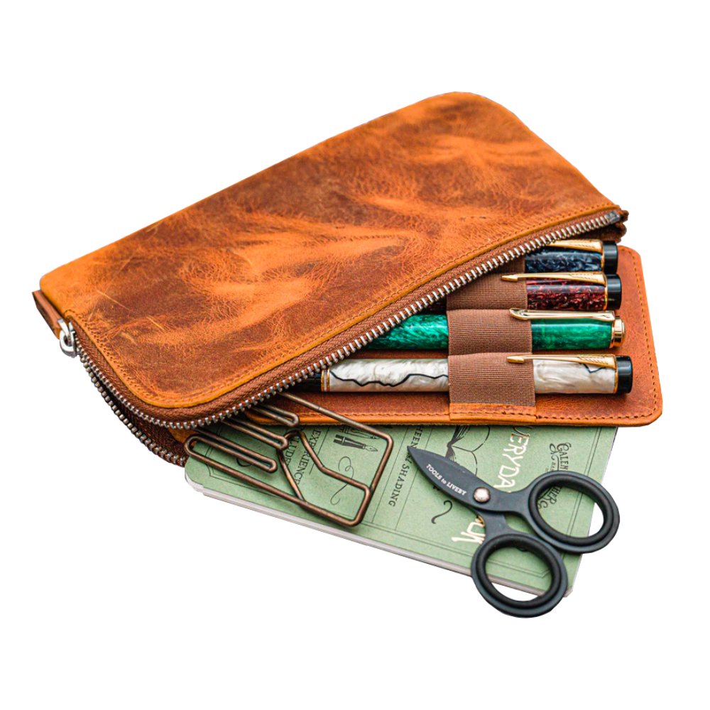 Galen Leather Slip-n-Zip 4 Slot Zippered Pen Pouch - Crazy Horse Brown