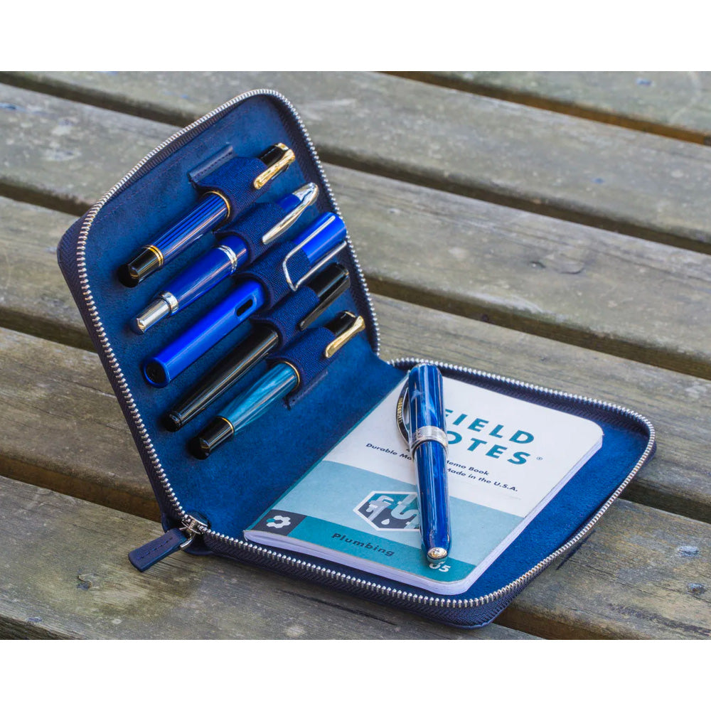Galen Leather 5 Slot Zippered Pen Case - Navy Blue
