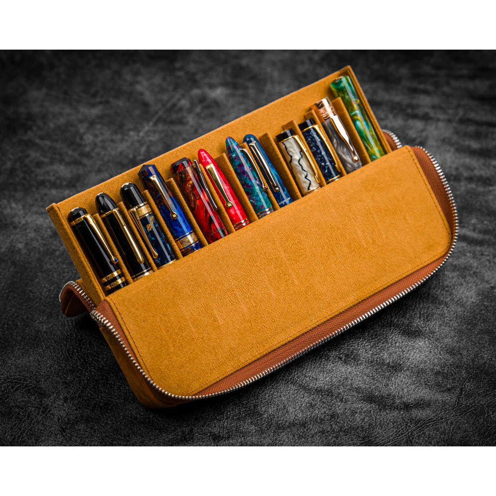 Galen Leather 12 Slot Zippered Magnum Opus Pen Case - Crazy Horse Brown (with Removable Pen Tray)