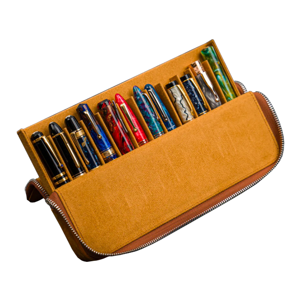 Galen Leather 12 Slot Zippered Magnum Opus Pen Case - Crazy Horse Brown (with Removable Pen Tray)