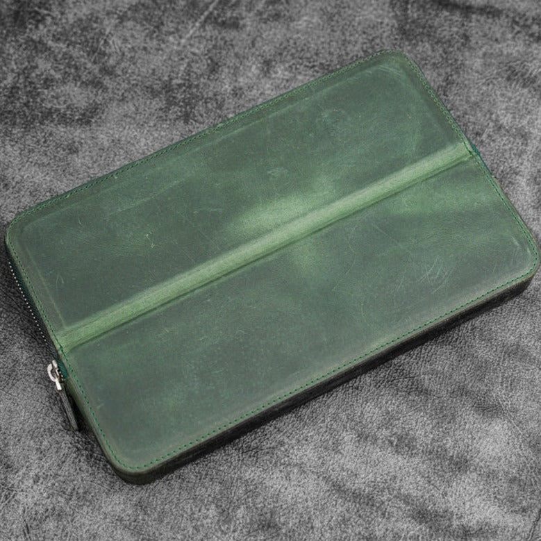 Galen Leather 12 Slot Zippered Magnum Opus Pen Case - Crazy Forest Green (with Removable Pen Tray)