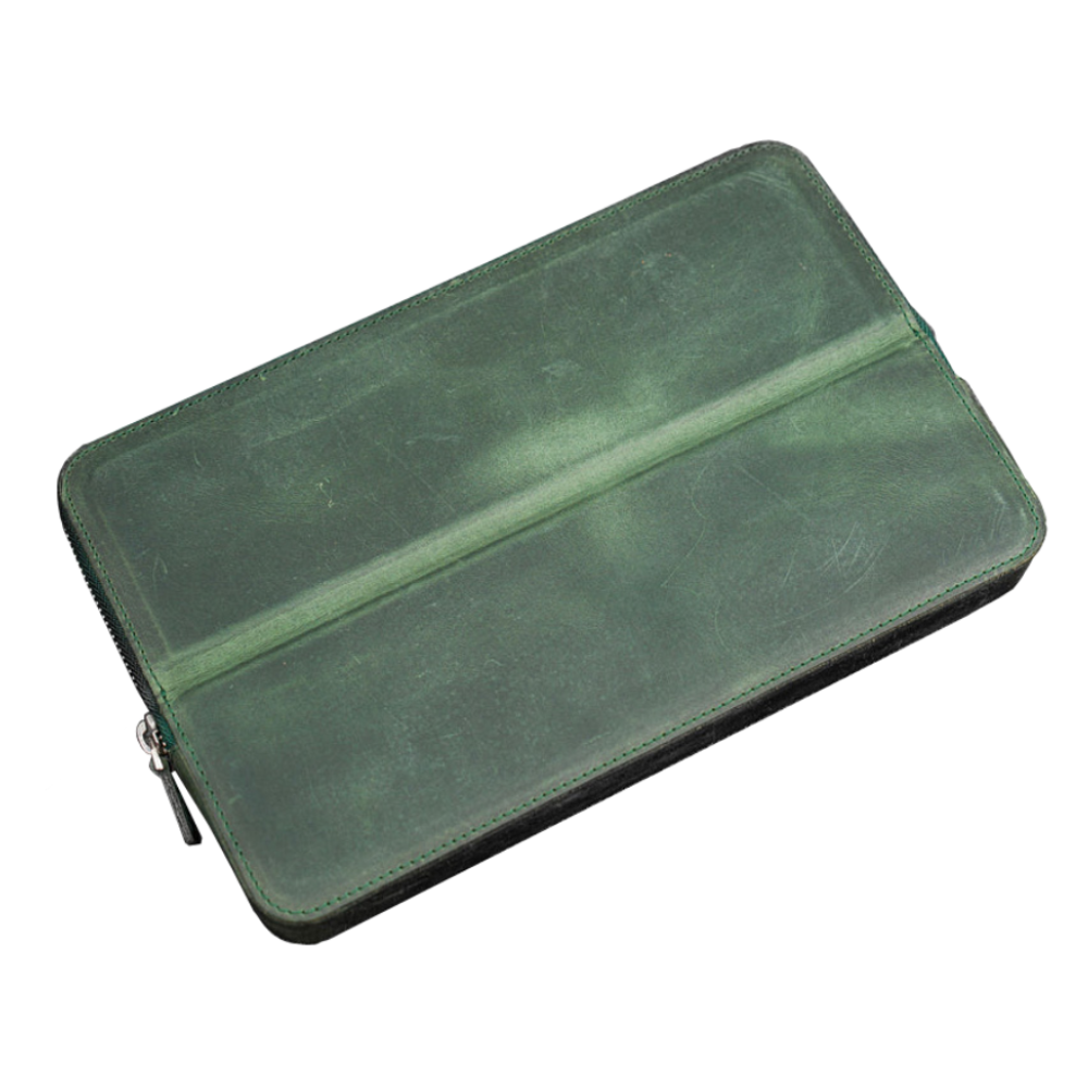 Galen Leather 12 Slot Zippered Magnum Opus Pen Case - Crazy Forest Green (with Removable Pen Tray)