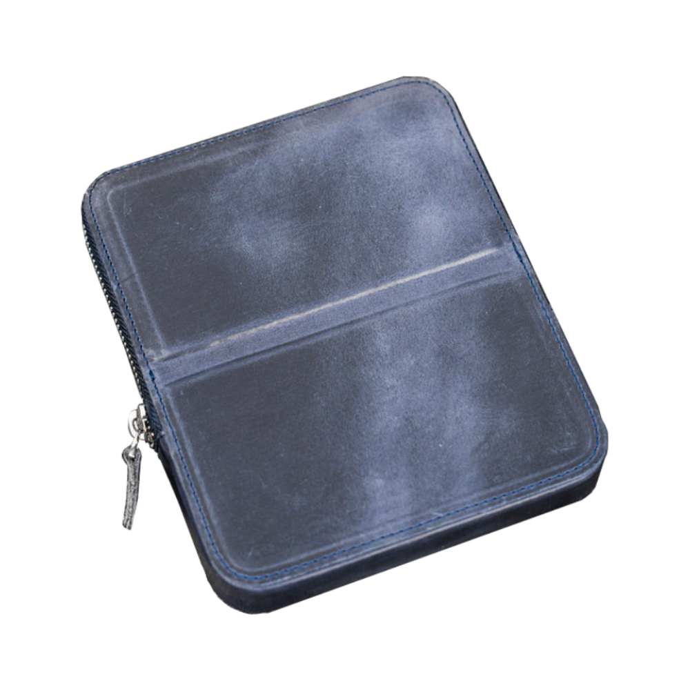 Galen Leather 6 Slot Zippered Magnum Opus Pen Case - Crazy Horse Navy Blue