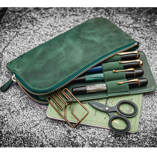 Galen Leather Co. Slip-n-Zip 4 Slots Zippered Pen Pouch - Crazy Horse Forest Green