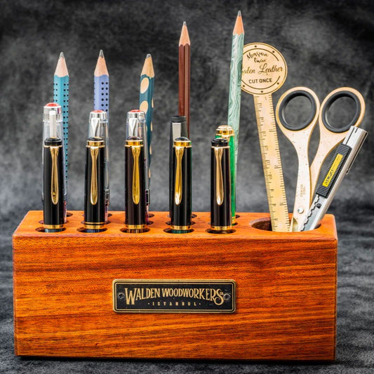 Galen Leather Wood Desk Organizer - Pen Holder - Walnut