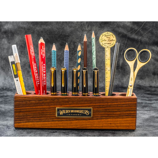 Galen Leather Wood Desk Organizer - Pen and Tool Holder - Walnut