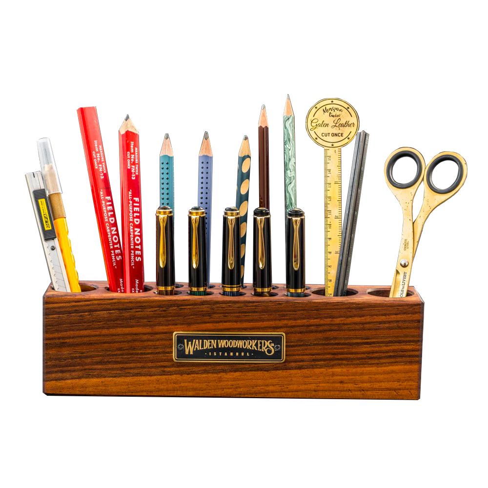 Galen Leather Wood Desk Organizer - Pen and Tool Holder - Walnut