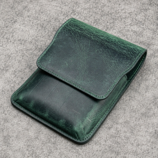 Galen Leather 5 Slots Flap Pen Case - Crazy Horse Forest Green