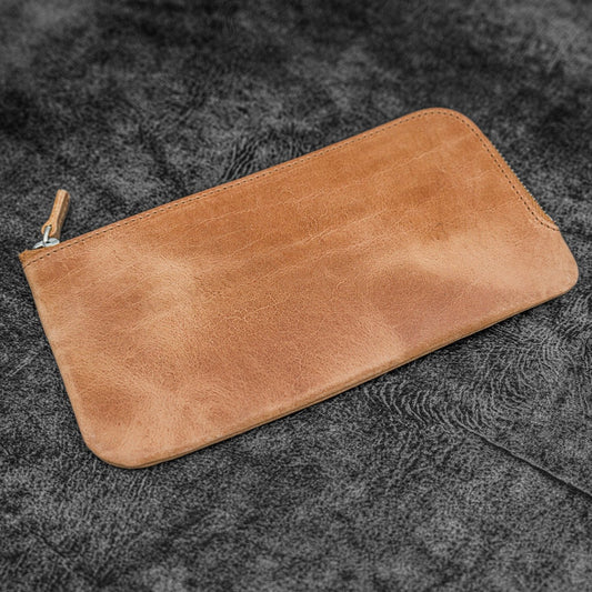 Galen Leather Zippered 4 Slots Slip-n-Zip Pen Pouch - Crazy Horse Honey Ochre