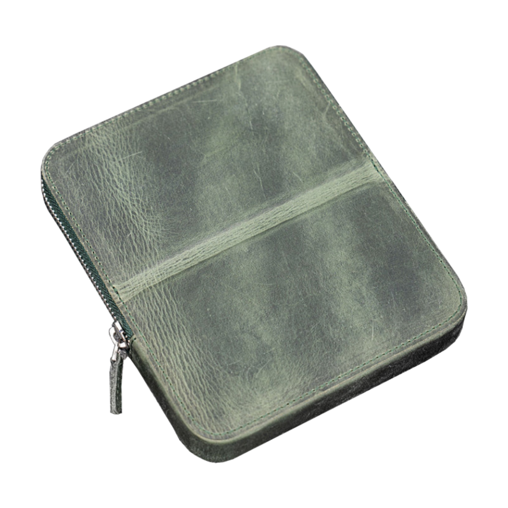 Galen Leather 6 Slot Zippered Magnum Opus Pen Case - Crazy Horse Forest Green
