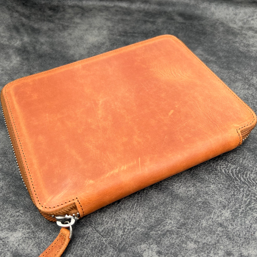 Galen Leather 10 Slots Zippered Pen Case with A5 Notebook Holder - Crazy Horse Tan