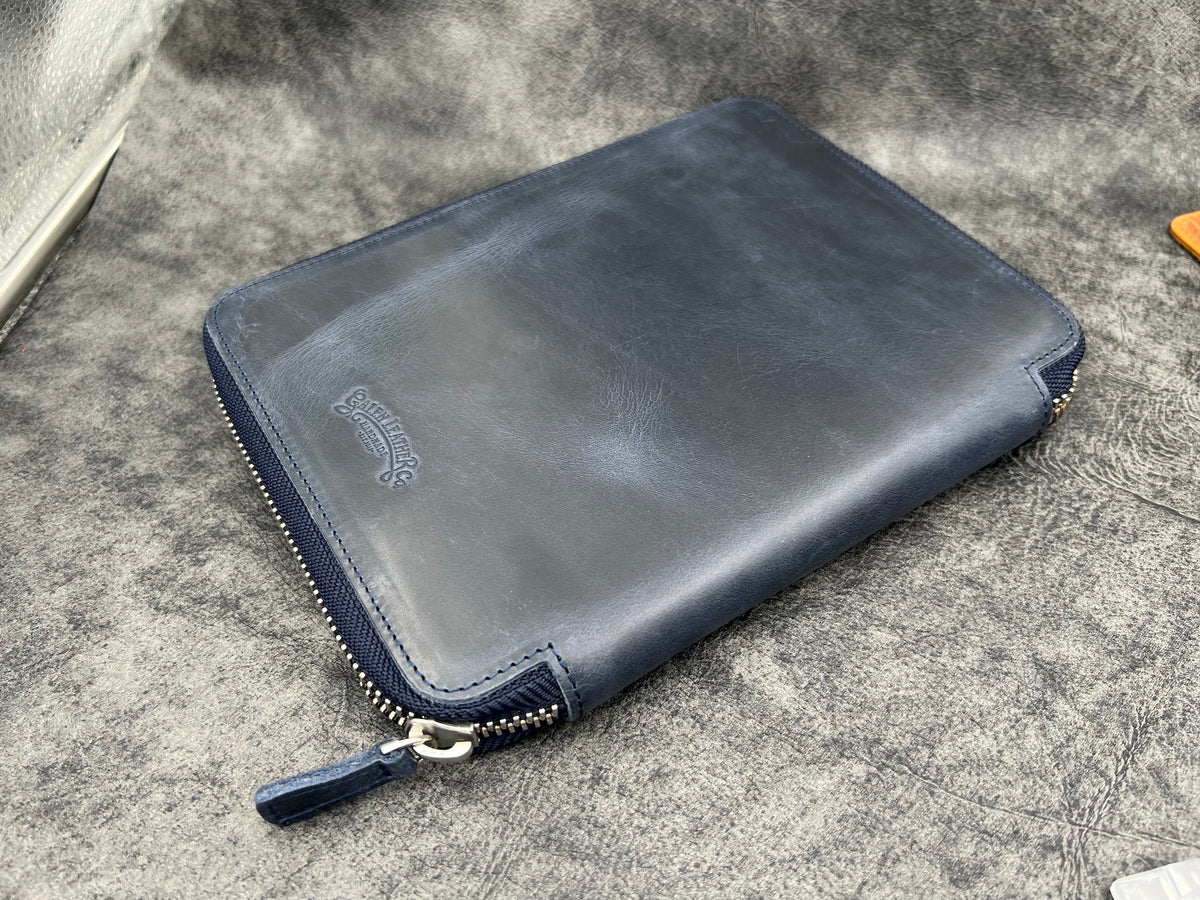 Galen Leather 10 Slots Zippered Pen Case with A5 Notebook Holder - Crazy Horse Navy Blue