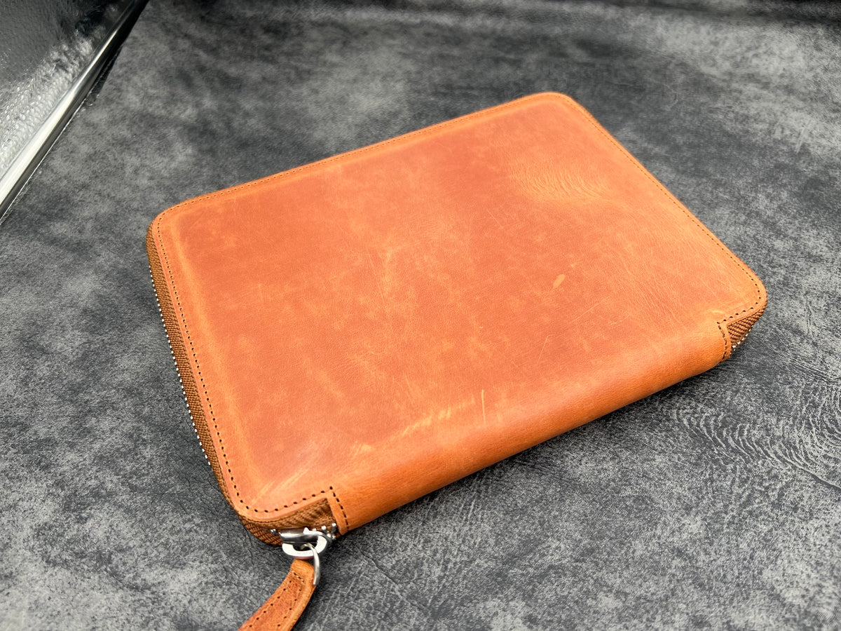 Galen Leather 10 Slots Zippered Pen Case with A5 Notebook Holder - Crazy Horse Tan
