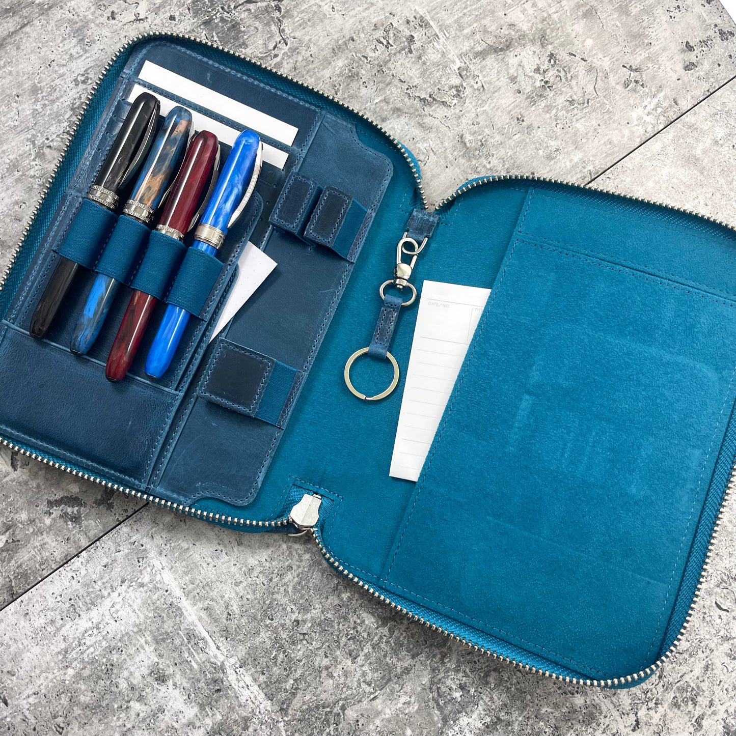 Galen Leather A5 Zippered Notebook Folio - Crazy Horse Ocean Blue