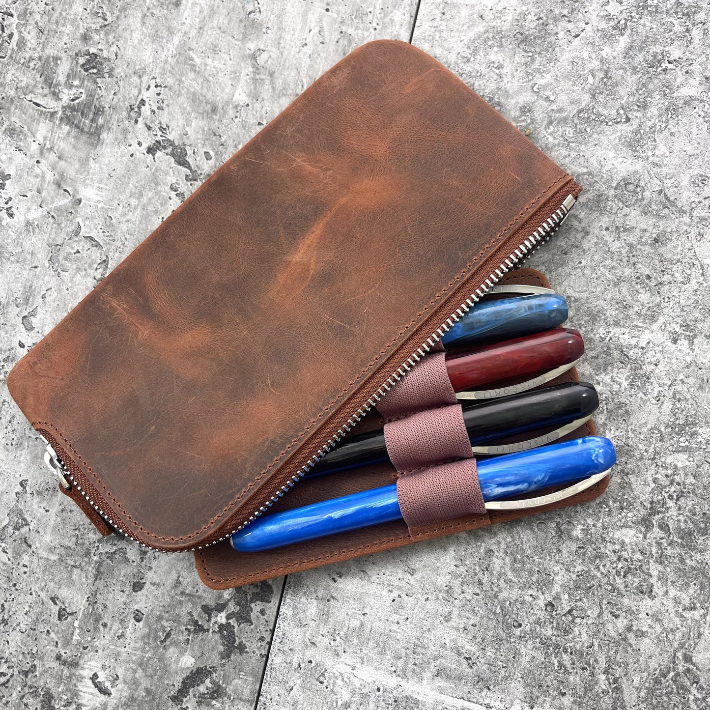 Galen Leather Slip-n-Zip 4 Slot Zippered Pen Pouch - Crazy Horse Orange