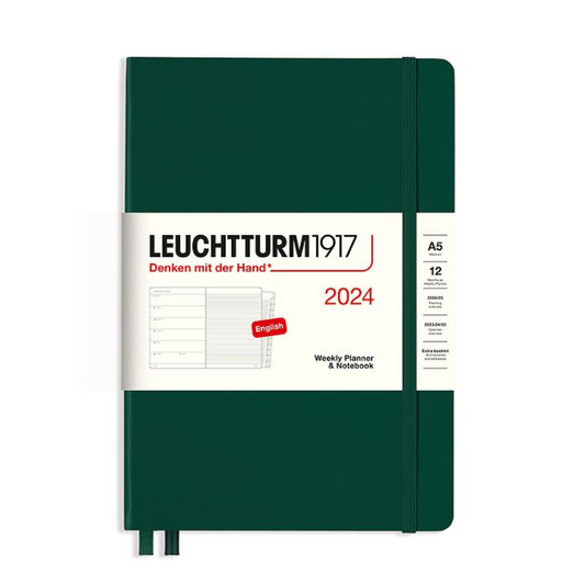Leuchtturm1917 2024 A5 Medium Hardcover Weekly Planner and Notebook with Extra Booklet - Forest Green