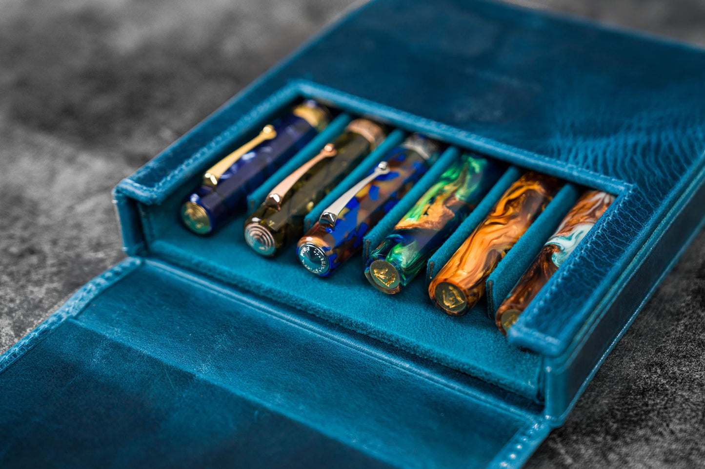 Galen Leather 6 Slot Magnum Opus Pen Case - Crazy Ocean Blue (with Removable Tray)