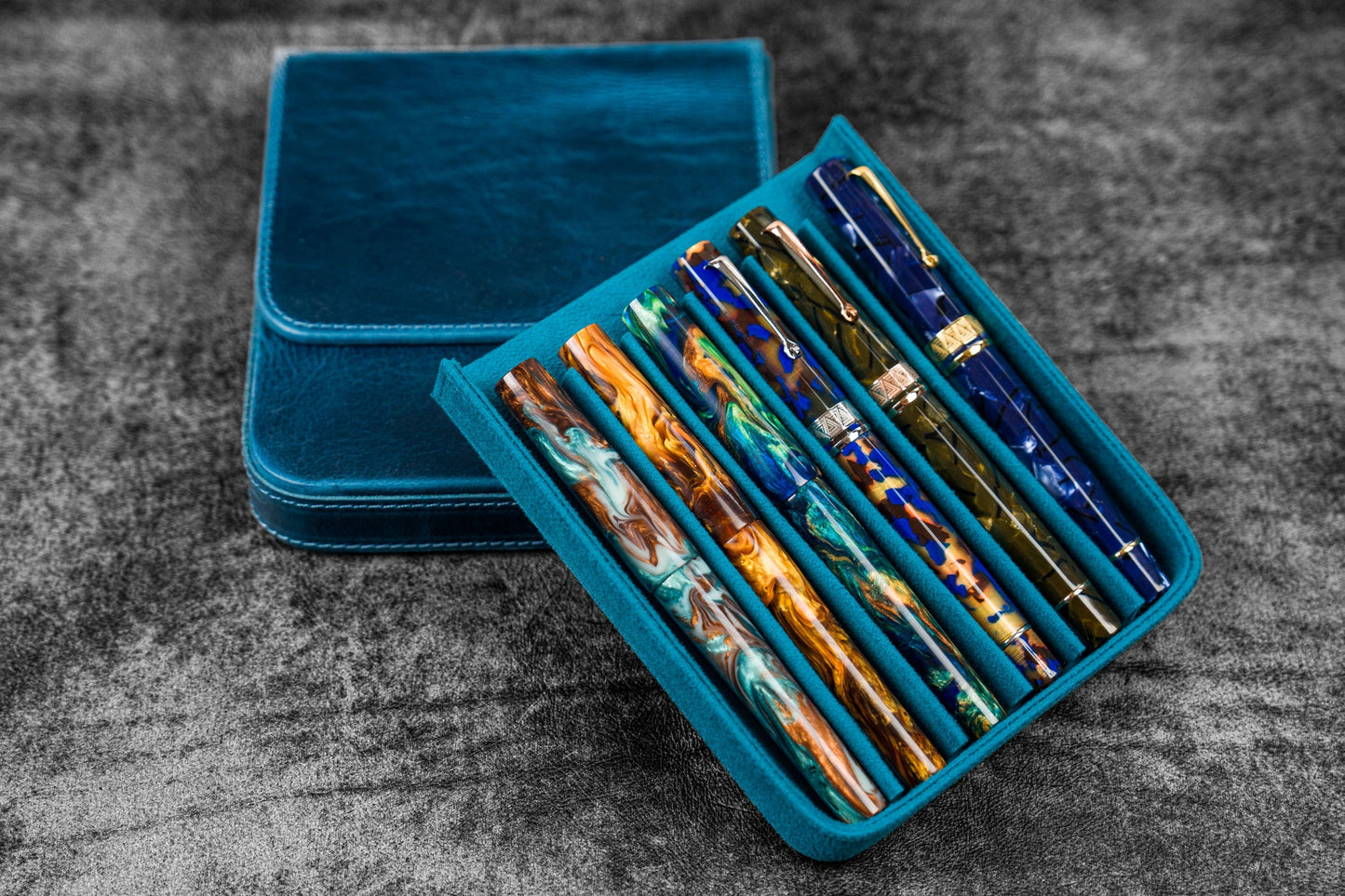 Galen Leather 6 Slot Magnum Opus Pen Case - Crazy Ocean Blue (with Removable Tray)