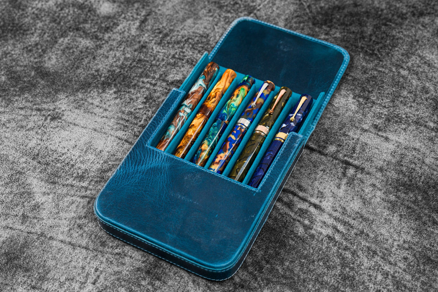 Galen Leather 6 Slot Magnum Opus Pen Case - Crazy Ocean Blue (with Removable Tray)