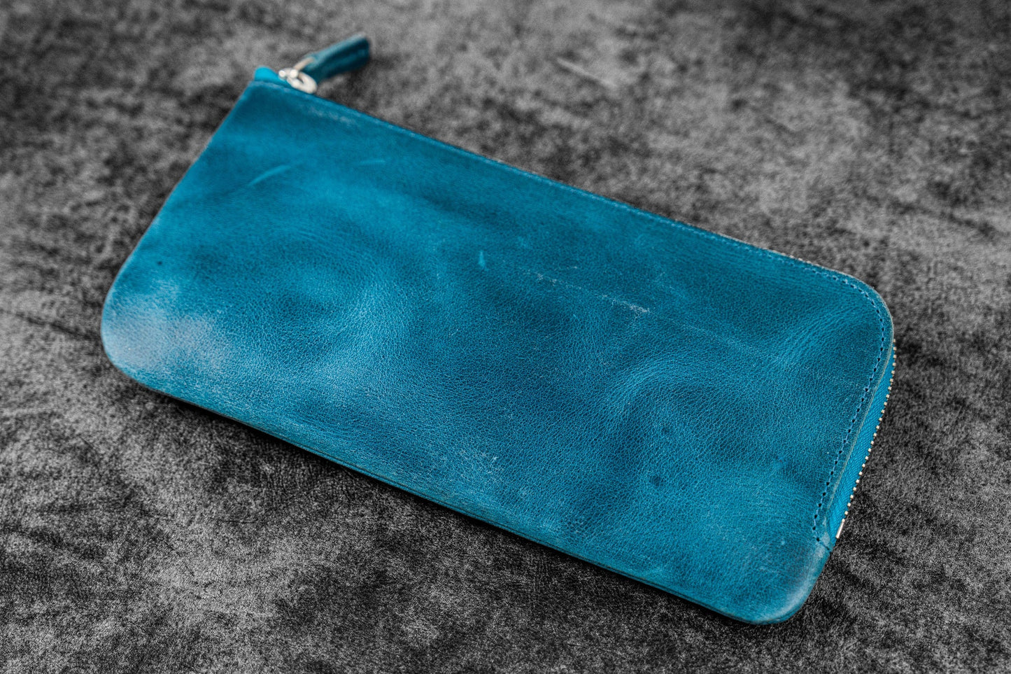 Galen Leather Slip-n-Zip 4 Slot Zippered Pen Pouch - Crazy Horse Ocean Blue