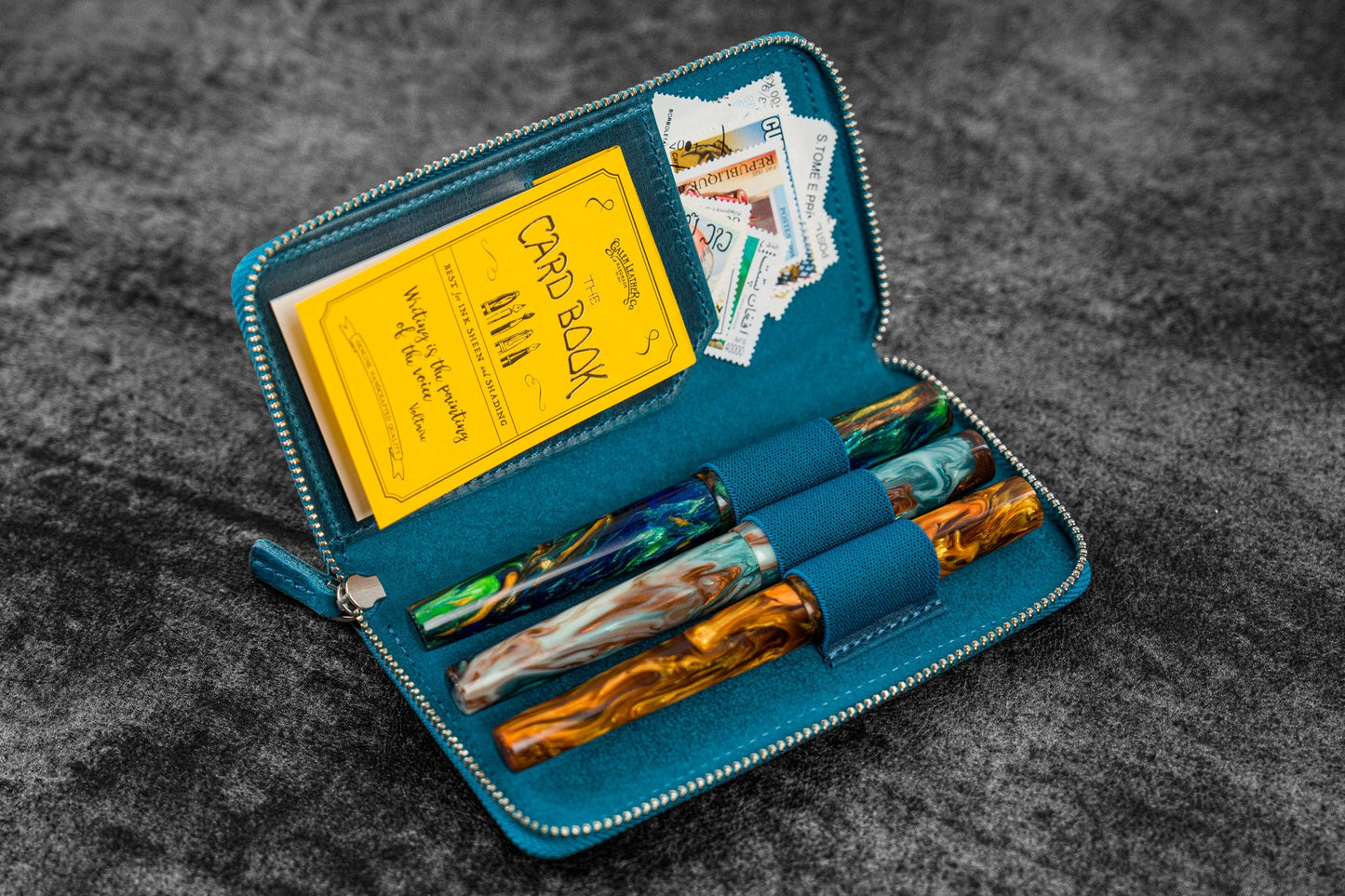 Galen Leather 3 Slot Zippered Pen Case - Crazy Horse Ocean Blue