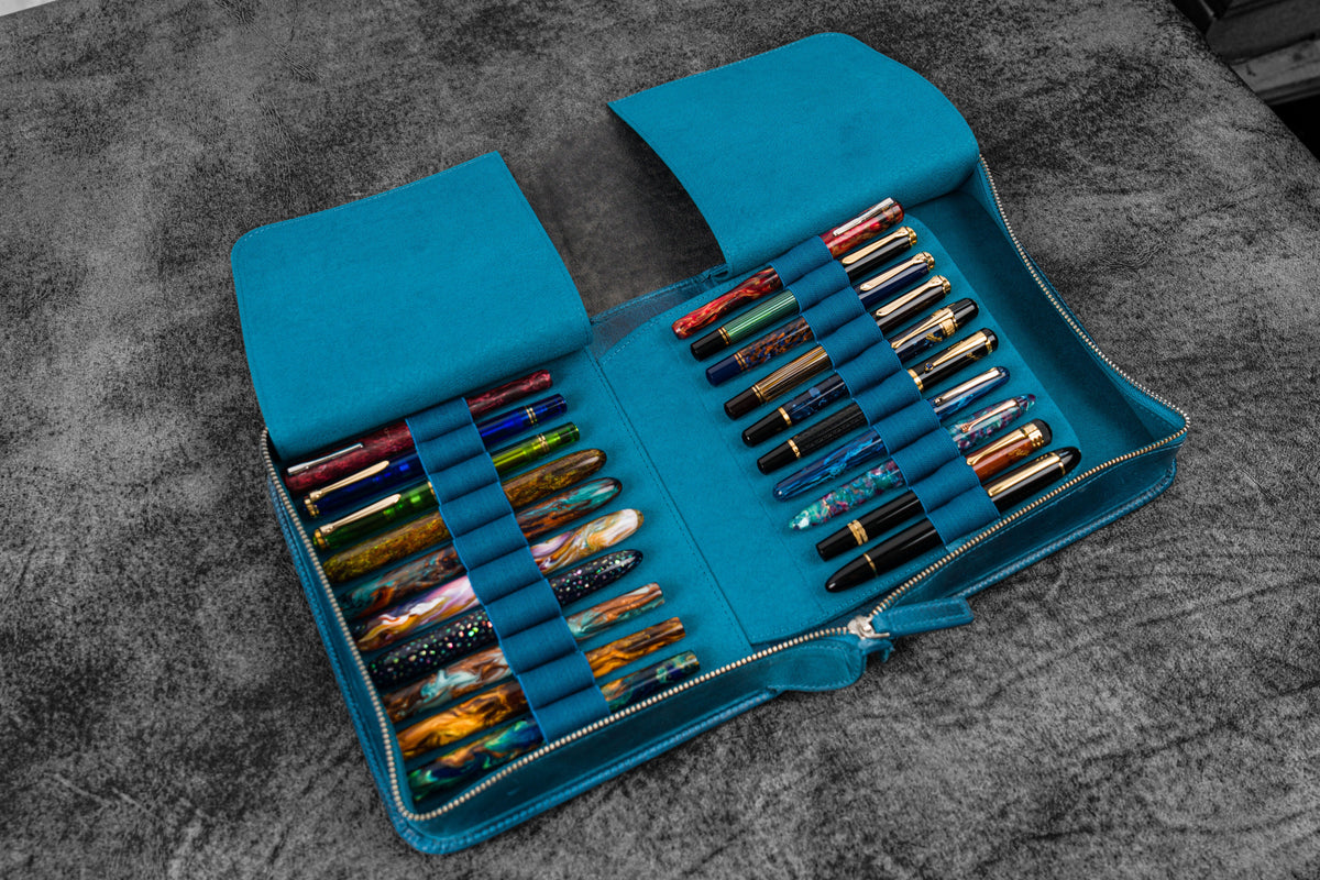 Galen Leather 40 Slot Zippered Pen Case - Crazy Horse Ocean Blue