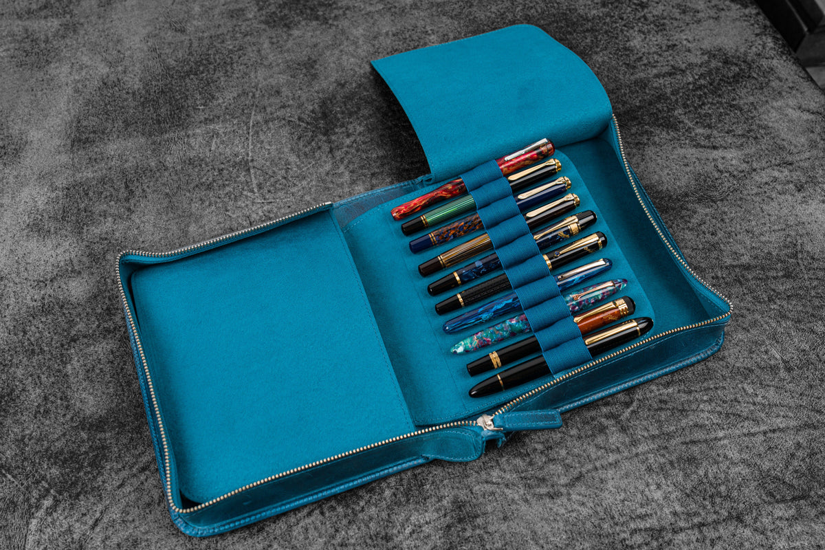 Galen Leather 40 Slot Zippered Pen Case - Crazy Horse Ocean Blue