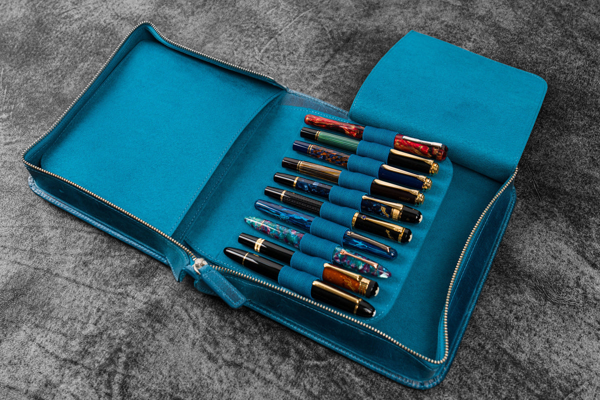 Galen Leather 40 Slot Zippered Pen Case - Crazy Horse Ocean Blue