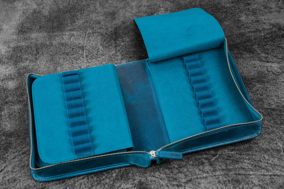 Galen Leather 40 Slot Zippered Pen Case - Crazy Horse Ocean Blue
