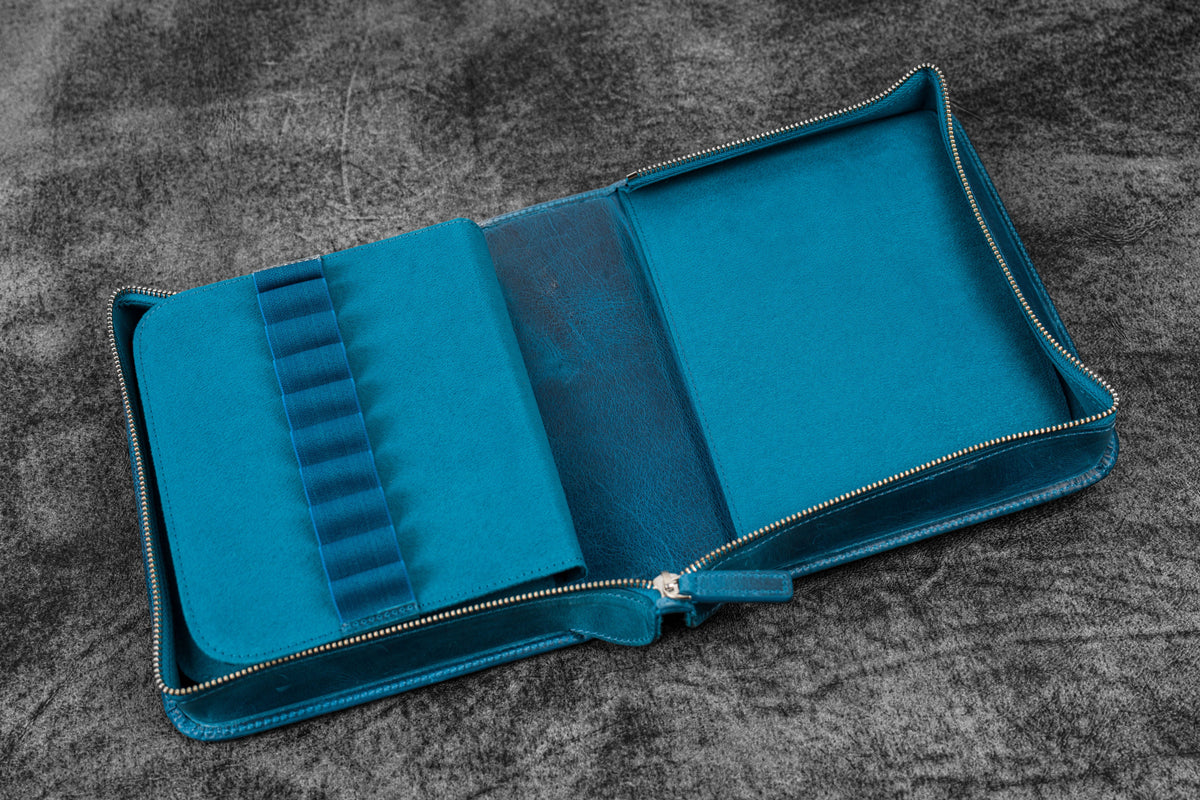 Galen Leather 40 Slot Zippered Pen Case - Crazy Horse Ocean Blue