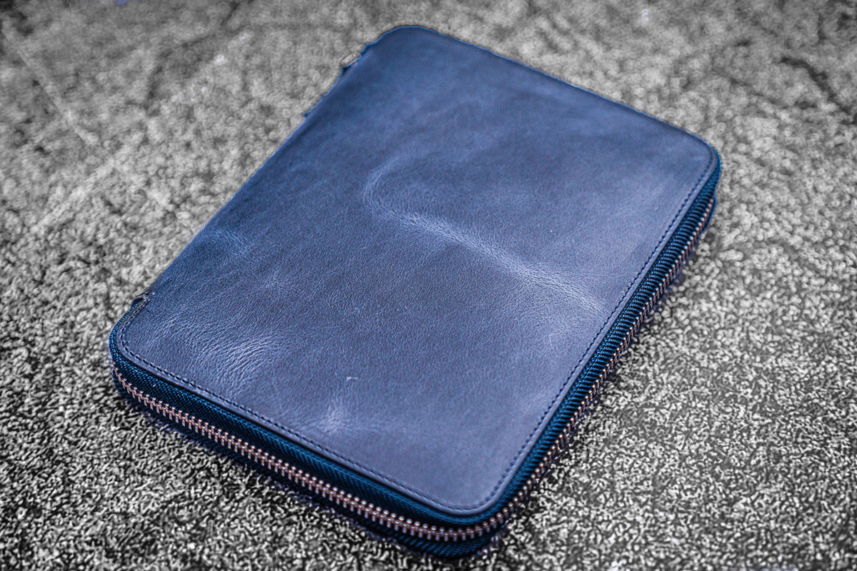 Galen Leather A5 Zippered Notebook Folio - Crazy Horse Navy Blue