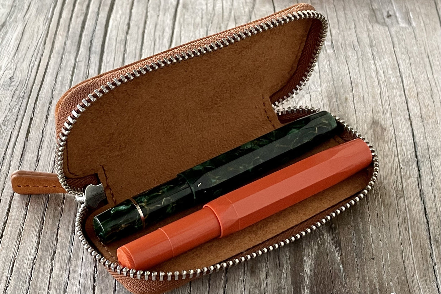 Galen Leather Double Zippered Pen Case for Kaweco Pocket Pen - Crazy Horse Brown