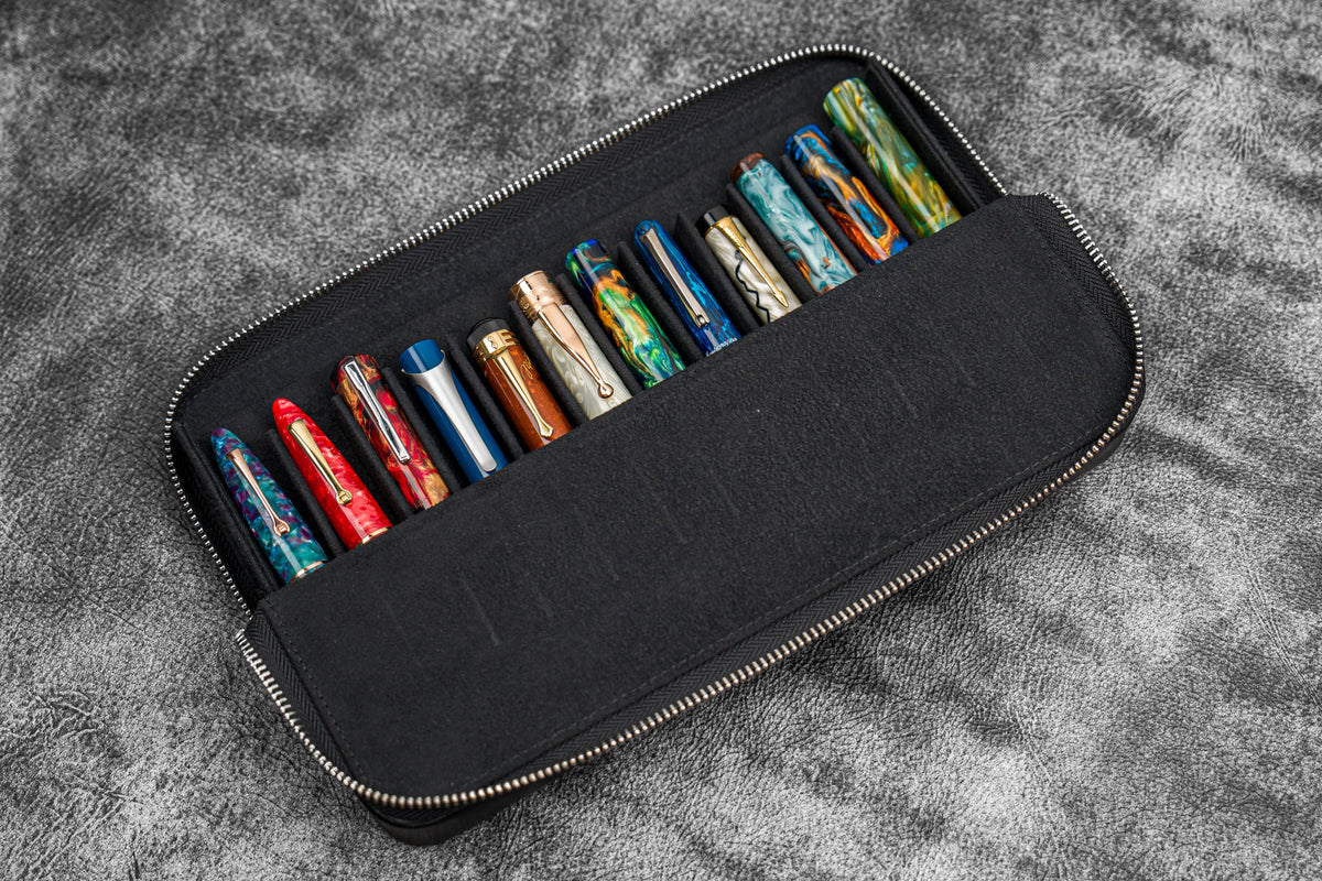 Galen Leather 12 Slot Zippered Magnum Opus Pen Case - Black (with Removable Pen Tray)