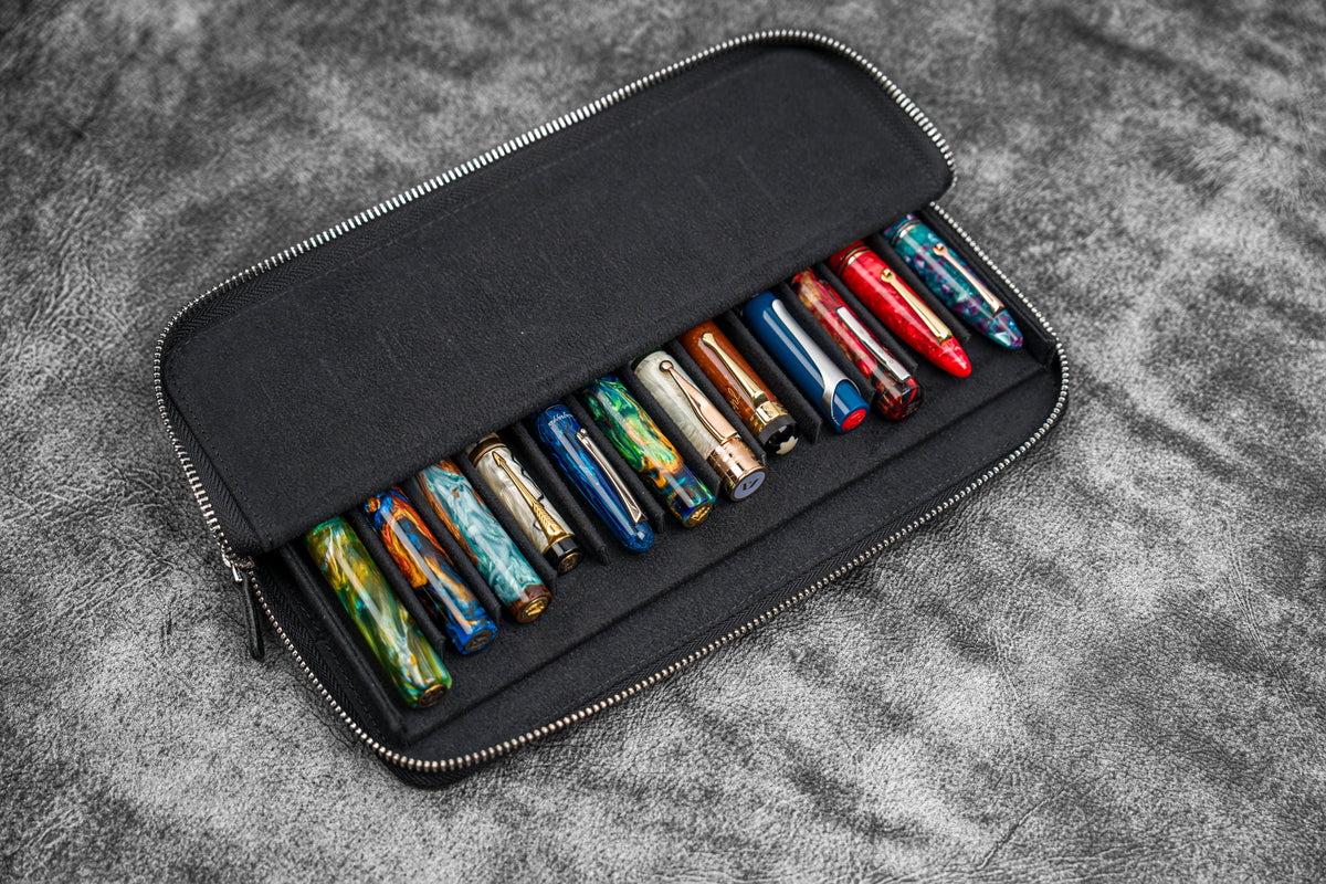 Galen Leather Zippered Magnum Opus 12 Slot Pen Case - Black