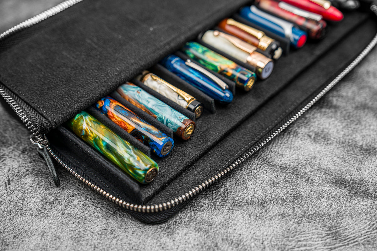 Galen Leather 12 Slot Zippered Magnum Opus Pen Case - Black (with Removable Pen Tray)