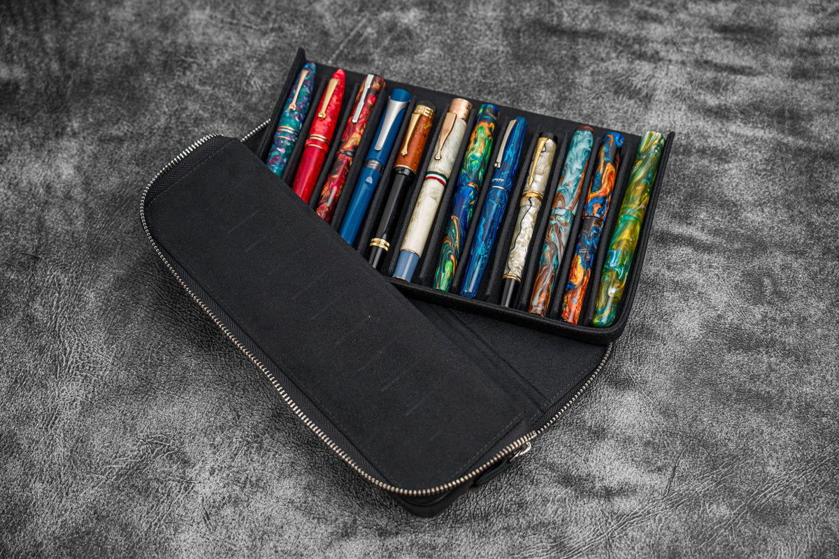 Galen Leather 12 Slot Zippered Magnum Opus Pen Case - Black (with Removable Pen Tray)