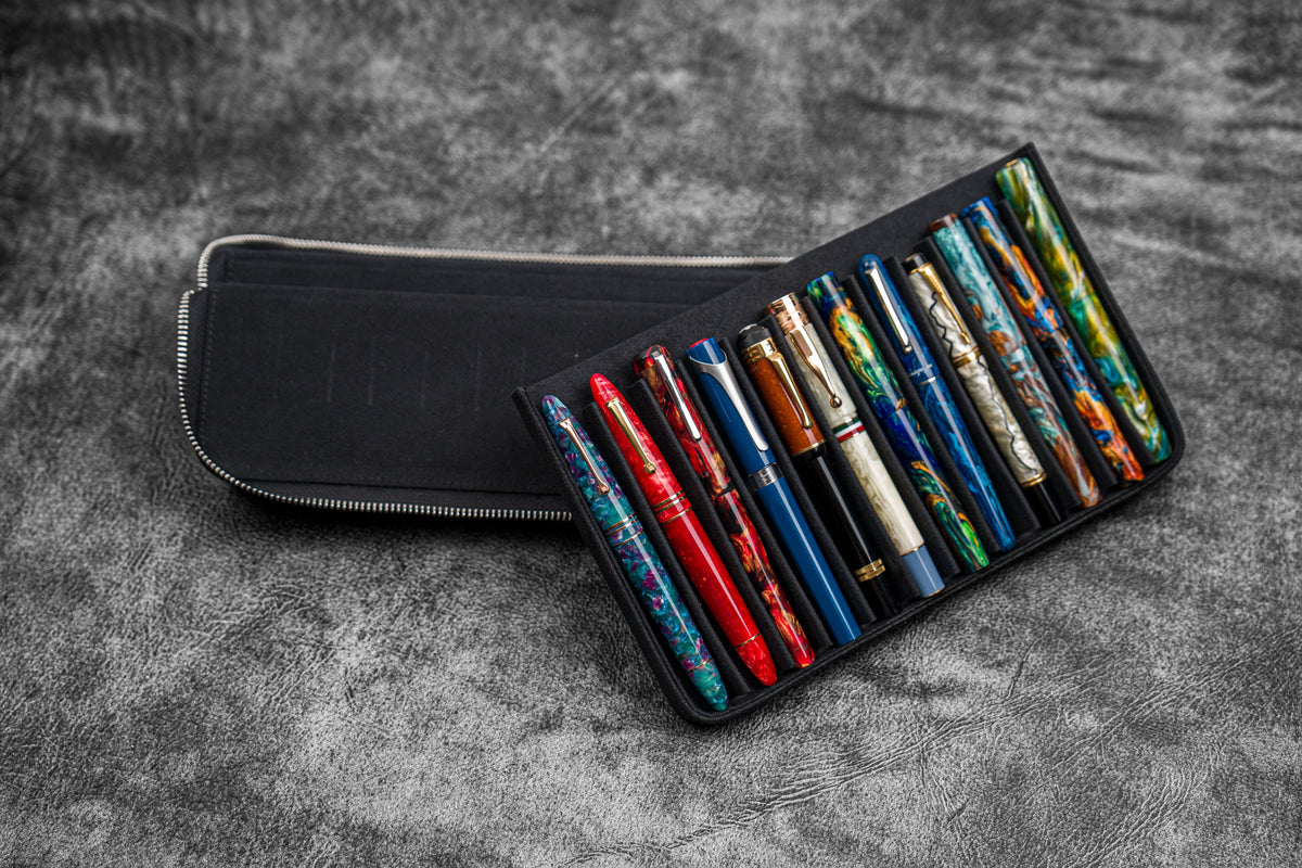 Galen Leather 12 Slot Zippered Magnum Opus Pen Case - Black (with Removable Pen Tray)