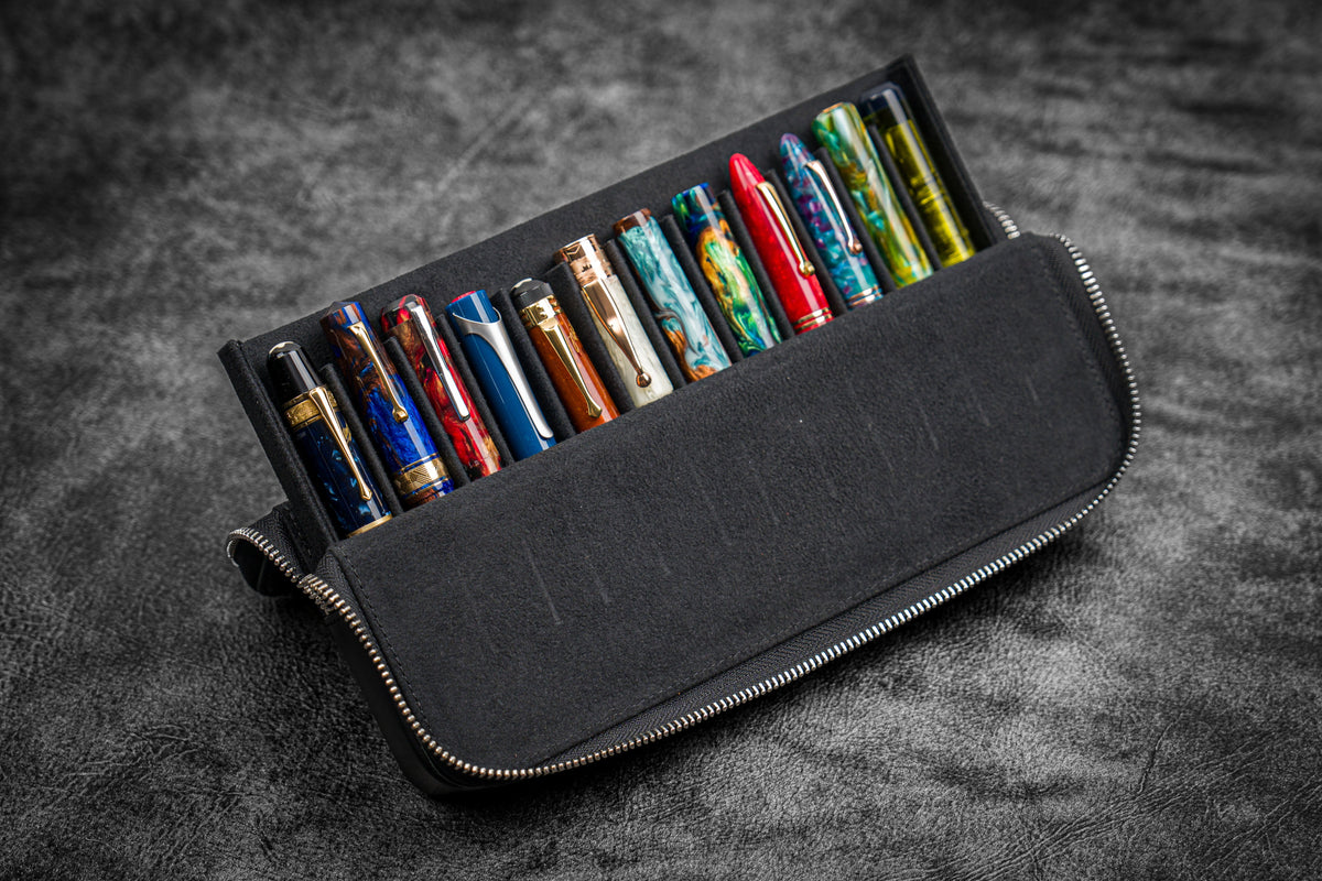 Galen Leather 12 Slot Zippered Magnum Opus Pen Case - Black (with Removable Pen Tray)