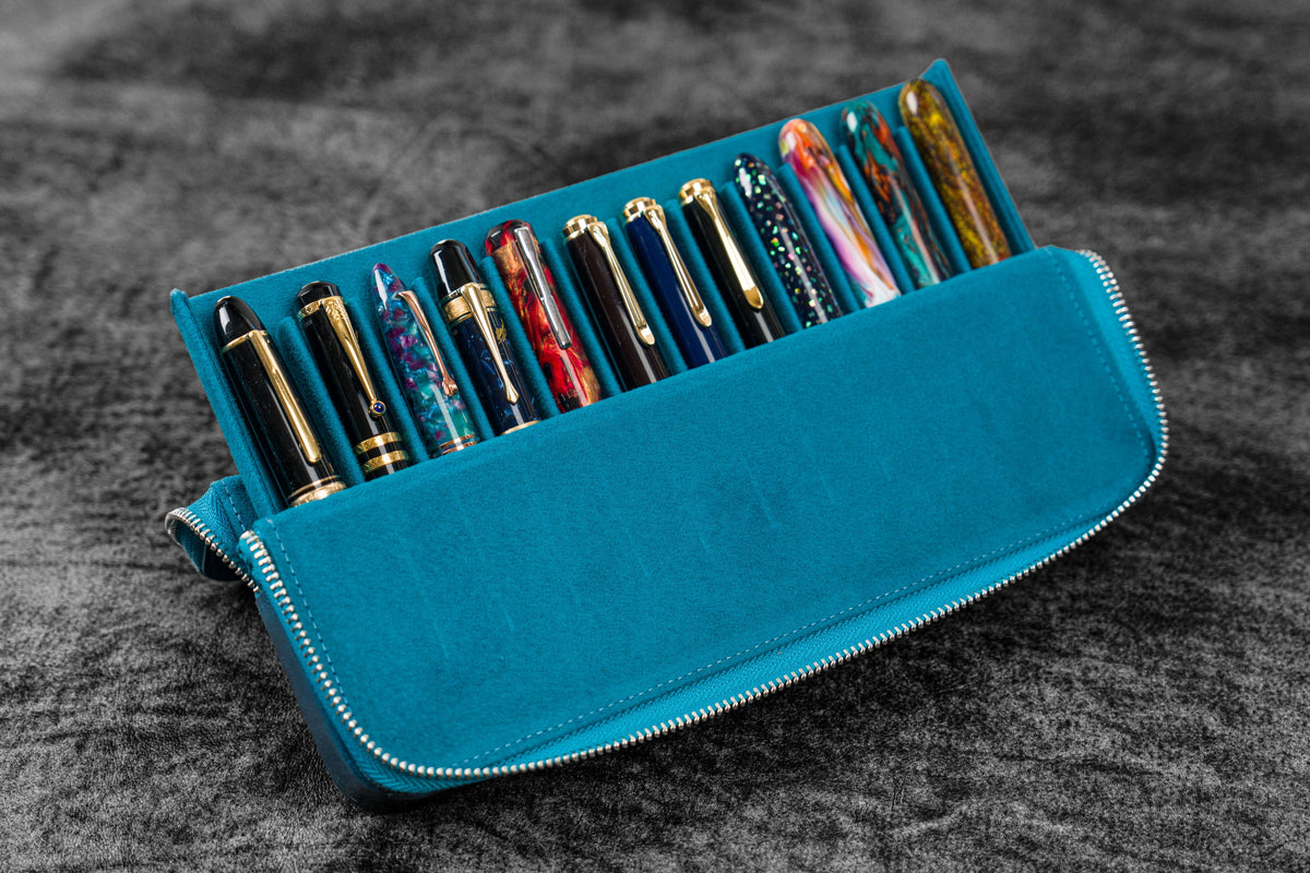 Galen Leather 12 Slot Zippered Magnum Opus Pen Case - Crazy Ocean Blue (with Removable Pen Tray)