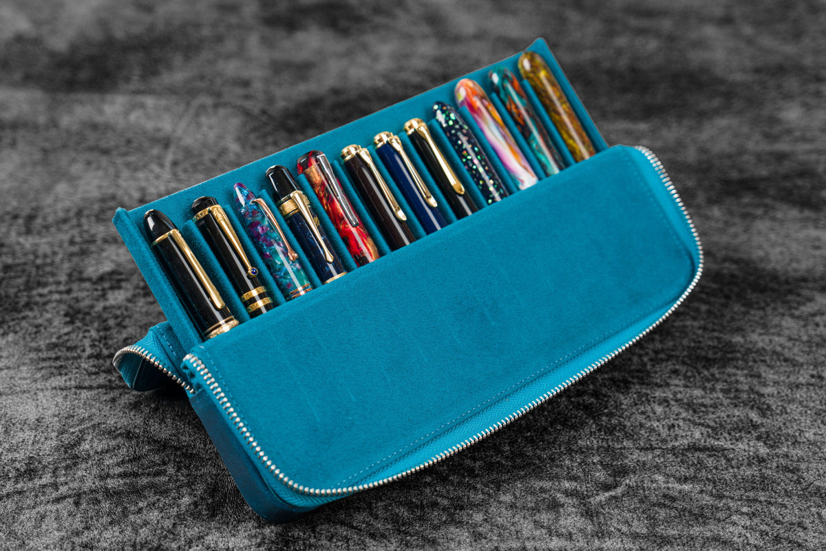 Galen Leather 12 Slot Zippered Magnum Opus Pen Case - Crazy Ocean Blue (with Removable Pen Tray)