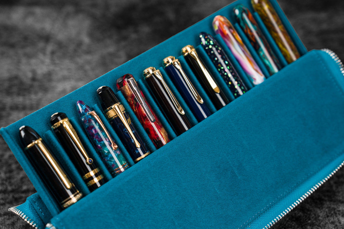 Galen Leather 12 Slot Zippered Magnum Opus Pen Case - Crazy Ocean Blue (with Removable Pen Tray)